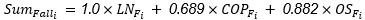 The image shows a mathematical equation for calculating 
Sum
𝐹
𝑎
𝑙
𝑙
𝑖
Sum 
Fall 
i
​
 
​
 , which is expressed as a weighted sum of three variables: 
1.0
×
𝐿
𝑁
𝐹
𝑖
+
0.689
×
𝐶
𝑂
𝑃
𝐹
𝑖
+
0.882
×
𝑂
𝑆
𝐹
𝑖
1.0×LN 
F 
i
​
 
​
 +0.689×COP 
F 
i
​
 
​
 +0.882×OS 
F 
i
​
 
​
 . Each term in the equation includes a coefficient representing the weight assigned to the respective variable (
𝐿
𝑁
𝐹
𝑖
,
𝐶
𝑂
𝑃
𝐹
𝑖
,
𝑂
𝑆
𝐹
𝑖
LN 
F 
i
​
 
​
 ,COP 
F 
i
​
 
​
 ,OS 
F 
i
​
 
​
 ), indicating their relative contributions to the overall sum.