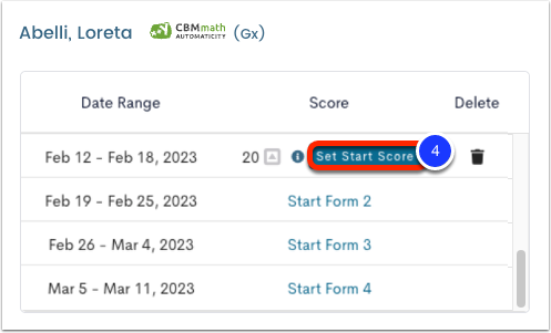 image of progress monioring scores module with set start score button marked as step 4