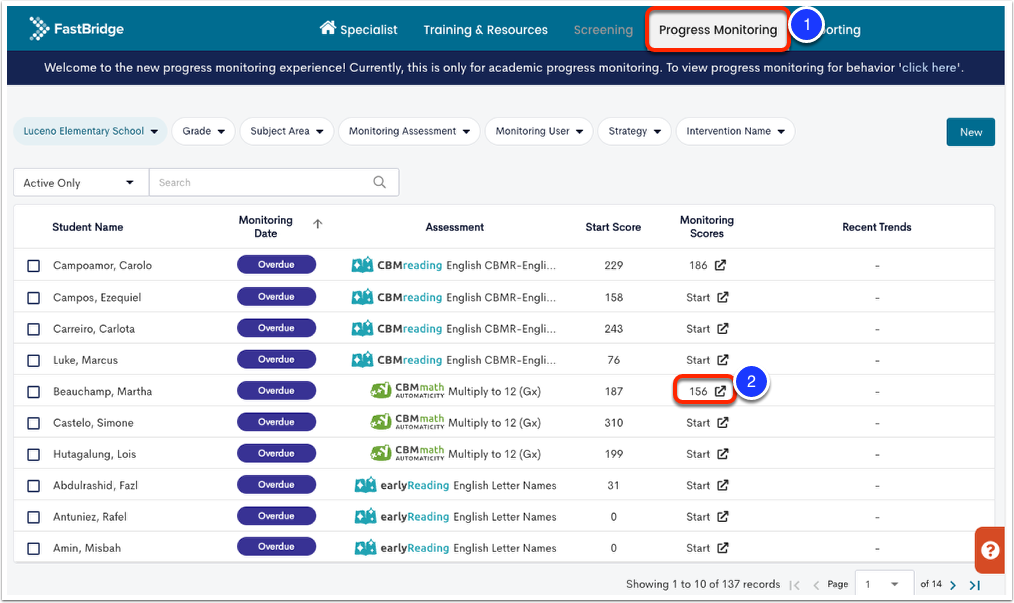 image of progress monitoring page with the progress monitoring tab marked as step 1 and a monitoring score for a student marked as step 2
