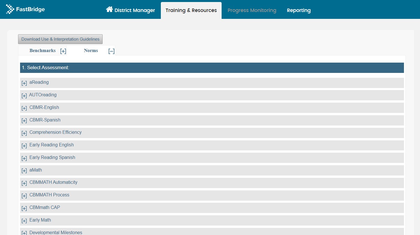 The Training and Resources tab open to a list of Assessment choose from from the Norms View.