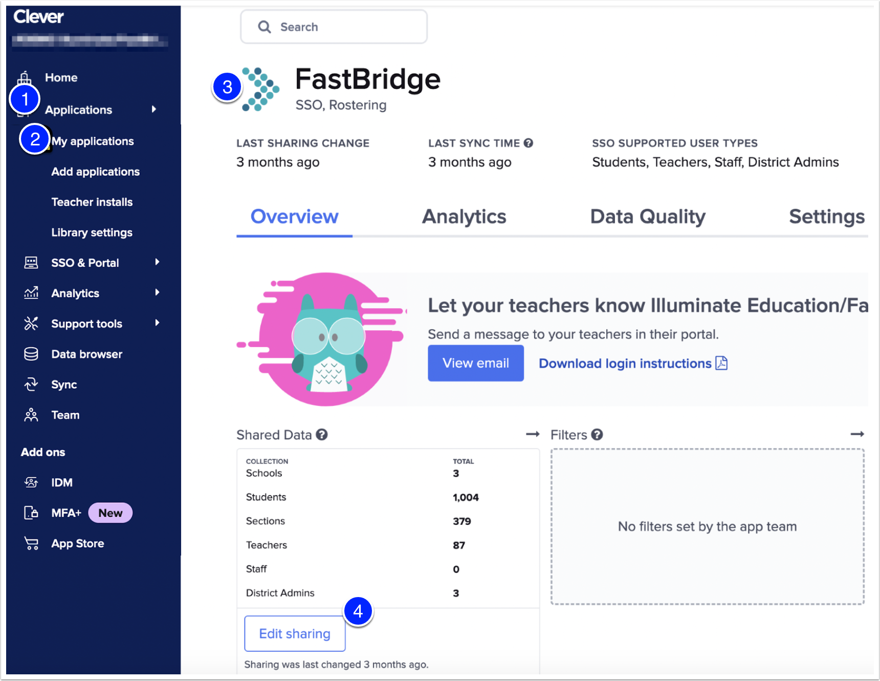 Image of Clever dashboard with application marked as step 1, my applications marked as step 2, fastbridge marked as step 3, and edit sharing marked as step 4