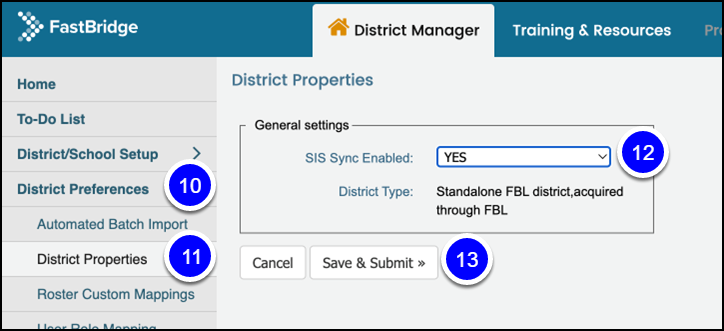 The District Properties page open with the SIS Sync Enabled menu toggled to Yes. 