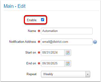 An example Core Data Automation Profile Edit page, with the Enable checkbox highlighted.