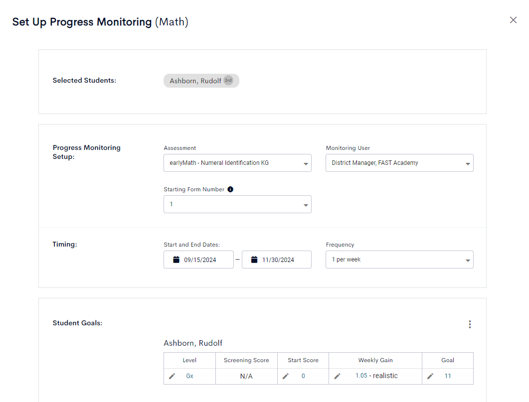 The progress monitoring setup page for math is configured for Rudolf Ashborn, a Grade 3 student. The selected assessment is 