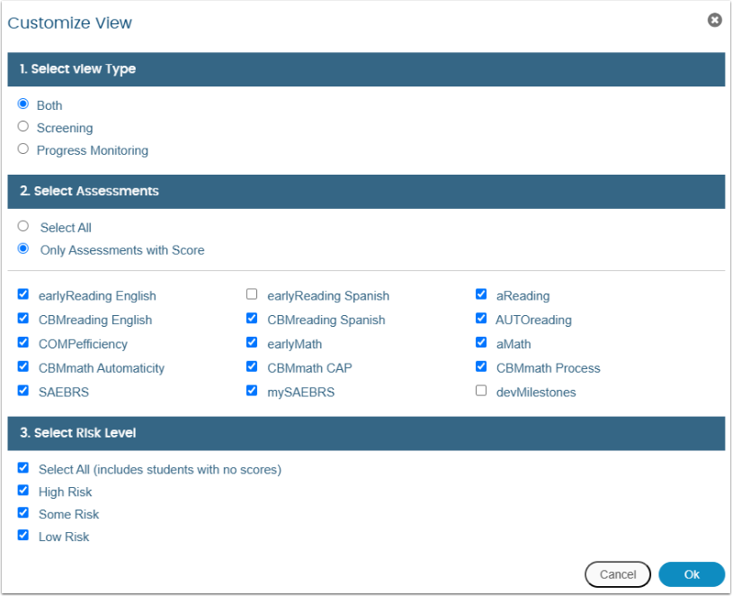 An example of the Customize View popup menu.