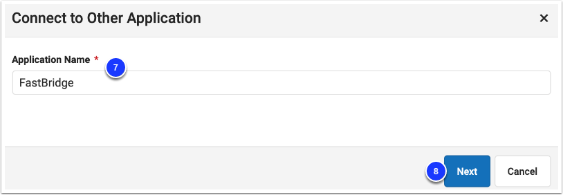 The Connect to Other Application window, with Application Name labeled as step 7, and Next labeled as step 8.