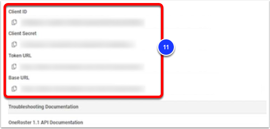 The Client ID, Client Secret, Token URL, and Base URL labeled as step 11.