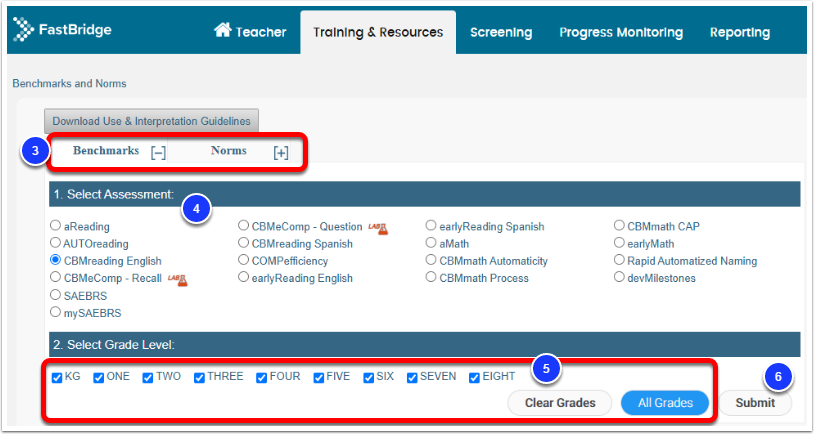 The Benchmarks and Norms page, with the options to view Benchmarks or Norms labeled as step 3, Select Assessment labeled as step 4, Select Grade Level labeled as step 5, and Submit labeled as step 6.