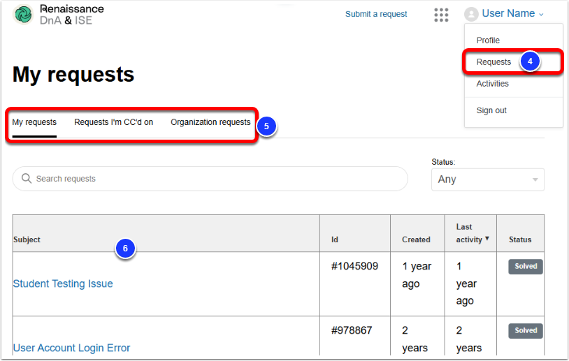 An example Zendesk user account, with Requests labeled as step 4, the request navigation tabs labeled as step 5, and the table of available tickets labeled as step 6.