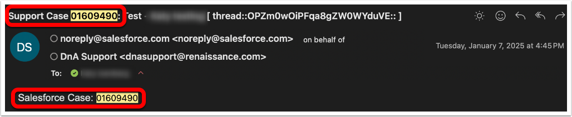 An example support ticket email thread, with the case number highlighted in the email title and body.
