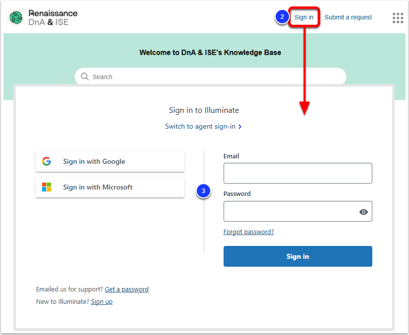 The DnA Help Center page, with Sign in labeled as step 2, and the sign-in popup window labeled as step 3.