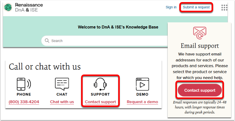 Examples of ways to submit a support request, displaying the header of the help center site with Submit a Request highlighted, and two examples of Contact support buttons on the main Renaissance website.