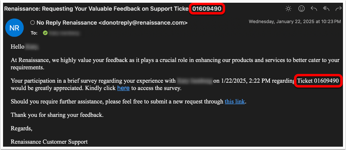 An example automated feedback email, with the case number highlighted in the email title and body.