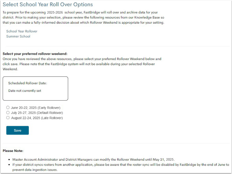 The School Year Roll Over Options page, with the three rollover date options.
