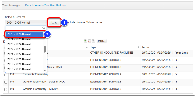 An example Term Manager page, with the 2025-26 term set labeled as step 3, and the Load button labeled as step 4.