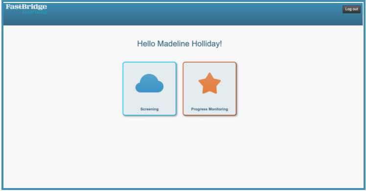 A screenshot of the FastBridge Learning student interface. The screen greets the user with 