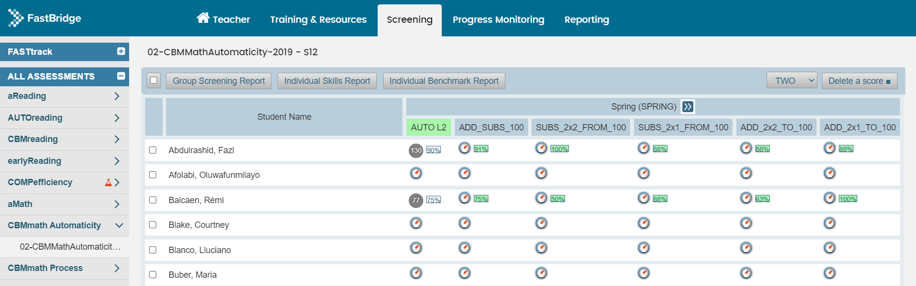 Image displays an example Screening page for CBMmath Automaticity.