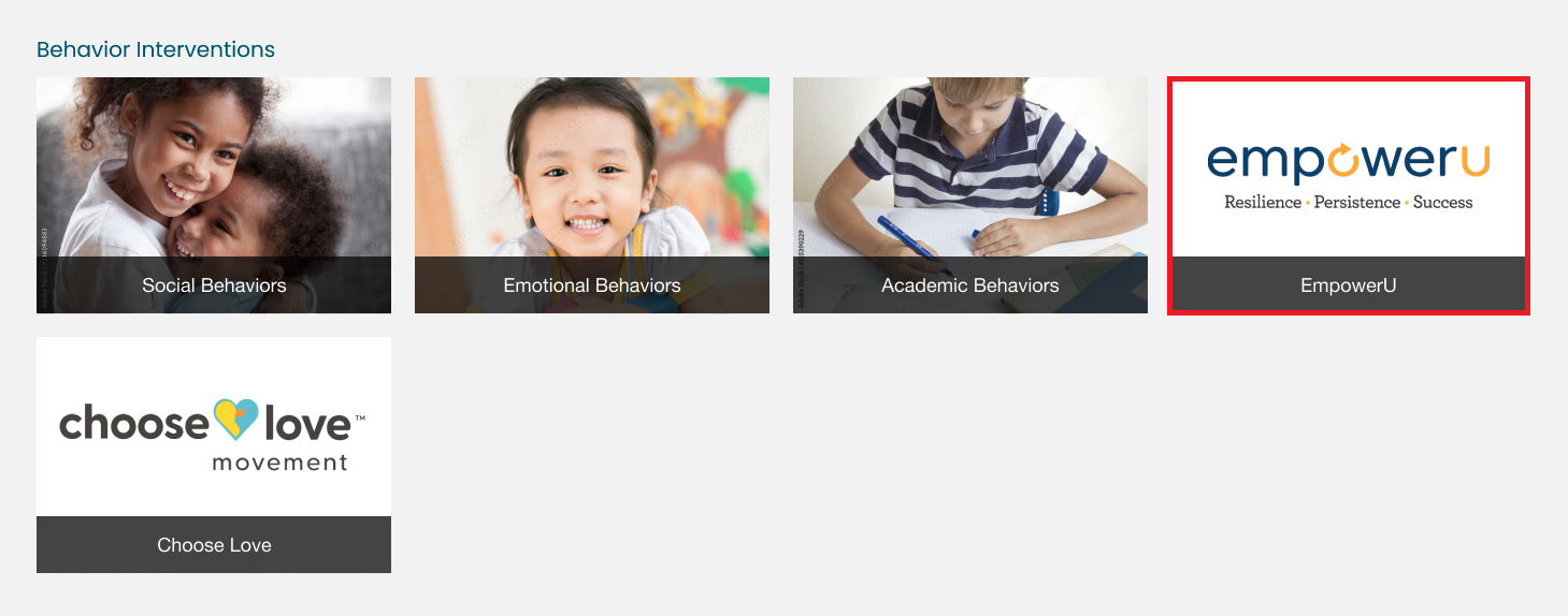 A user interface for behavior interventions showing five categories: 