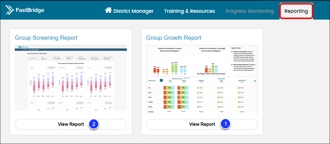 A FastBridge dashboard displaying two report options under the 
