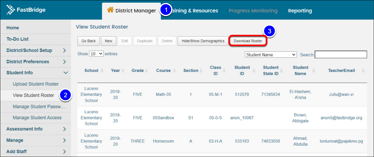 A screenshot of the FastBridge platform showing the 
